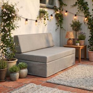 Pallesofa med ryglæn og kappe, der står på hyggelig terrasse